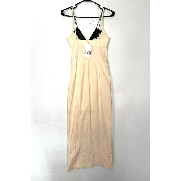 NWT Zara Beige Midi Slip Dress With Black Lace Trim & Double Straps Size XS - Picture 2 of 9